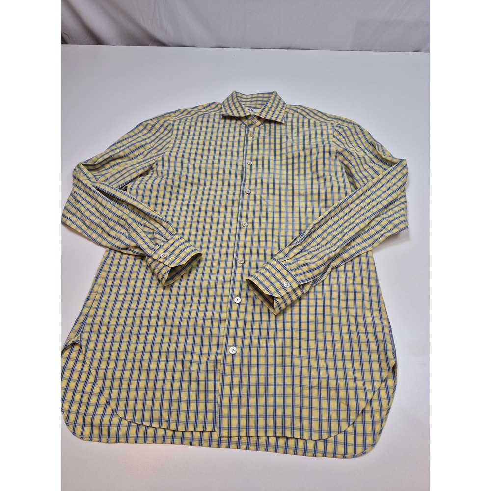 Kiton Dress Shirt Mens L Yellow Check 100% Cotton Made Italy Long Sleeve Classic